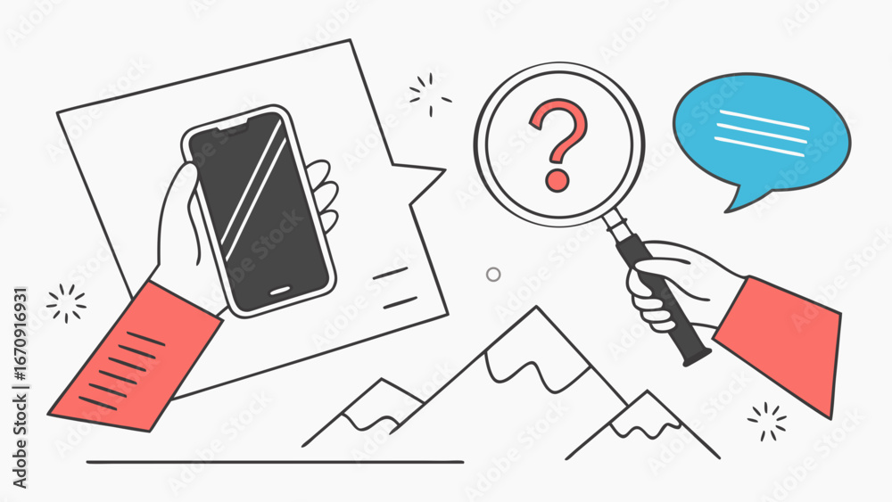 Fototapeta premium Smartphone FAQ Help Support Troubleshooting Mobile Device Question Mark Magnifying Glass Searching Online Help Customer Service Technical Support Inquiry Problem Solving Solution Assistance Informati.