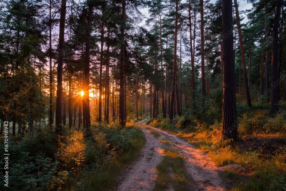 Fototapeta premium Sunbeams on a forest path at sunset