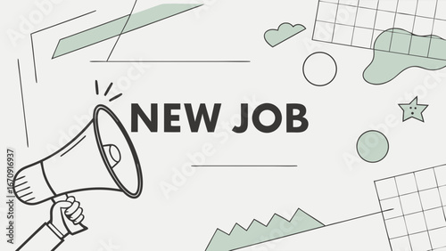 New Job Announcement Megaphone Illustration with Abstract Shapes and Geometric Design Elements.