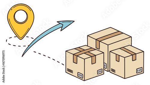 Delivery of cardboard boxes location pin shipping transportation package tracking online shopping e-commerce logistics delivery service order tracking parcel boxes packages carton shipping label dest.