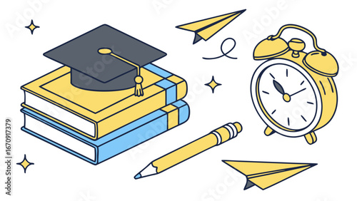 Graduation cap books alarm clock pencil paper airplane education study learning back to school knowledge time management deadline exam test school supplies stationery textbook academic degree success.