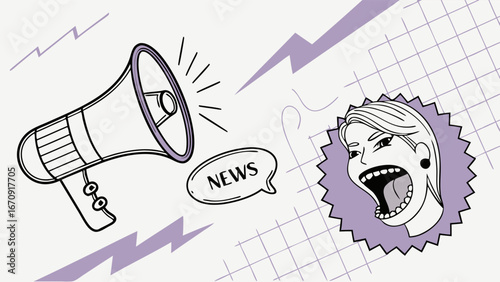 Cartoon illustration of a megaphone announcing news with a shouting womans face.