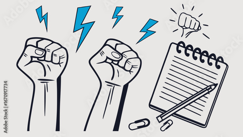 Graphic design two raised fists notepad pencil power energy strength determination idea brainstorming success motivation achievement goal plan strategy teamwork collaboration leadership action moveme.