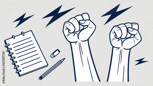 Two raised fists with notebook pencil and USB drive illustration power and energy concept.
