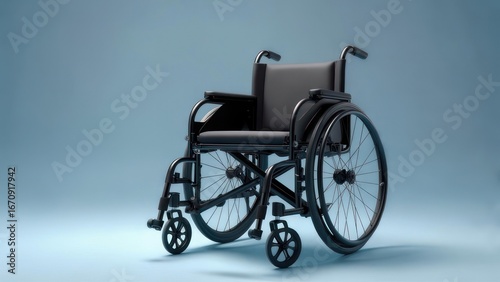 Modern wheelchair on light blue background