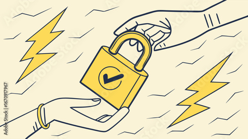 Handing Over a Padlock Secure Data Transfer Concept Illustration.