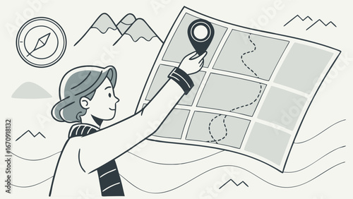 Planning a journey Person studying a map with compass and mountains illustration.