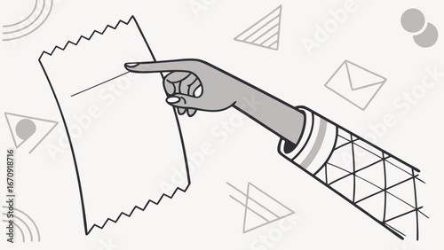 Hand pointing at a blank receipt or document minimalist design geometric background vector illustration.