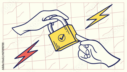 Handing over a padlock security safety transfer protection secure data protection online safety digital security internet security cybersecurity privacy confidential transaction agreement deal contra.