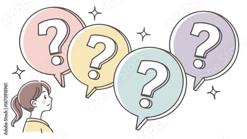 Illustration of a person pondering multiple questions uncertainty question marks thought bubbles decision making problem solving choice indecision confusion brainstorming ideas options thinking proce.