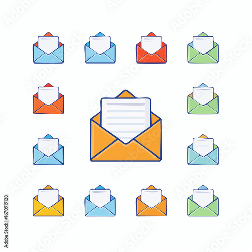 Vector email icon set with envelopes, send, and message symbols in outline and flat style. Ideal for mail apps, business, and communication design.