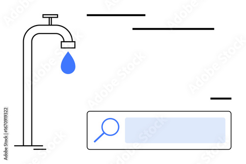 Faucet with blue water droplet and search bar icon. Ideal for sustainability, water conservation, eco-awareness, online search, minimalism, environment, and simple landing page