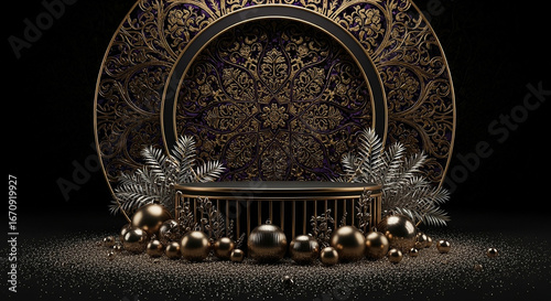 Luxurious ornate golden oval frame with a decorative pedestal and shimmering golden eggs scattered on a dark textured background