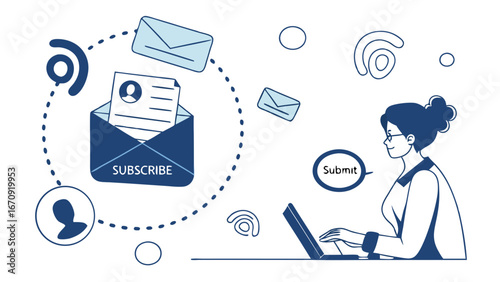Online Subscription Illustration Person Subscribing to Newsletter via Laptop.