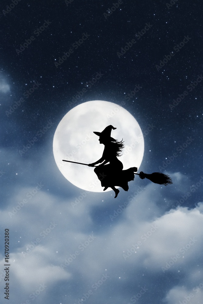 Obraz premium Silhouette of Witch Flying on Broom Across Full Moon