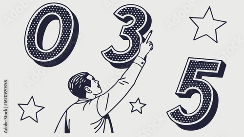 Retro illustration of a person pointing at the number three surrounded by stars and numbers zero and five.
