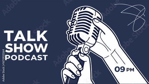 Retro Microphone in Hand Podcast Talk Show Graphic Design Illustration.