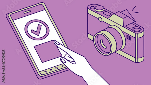 Smartphone Photo Editing Camera and Check Mark Icon Flat Design Illustration.
