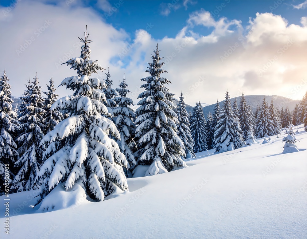 Fototapeta premium Snowy pine trees on a winter landscape