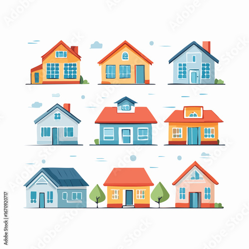 Flat vector home icon set with houses, buildings, and abstract real estate symbols. Perfect for apps, maps, and property websites.