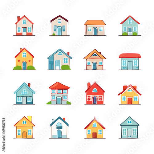 Flat vector home icon set with houses, buildings, and abstract real estate symbols. Perfect for apps, maps, and property websites.