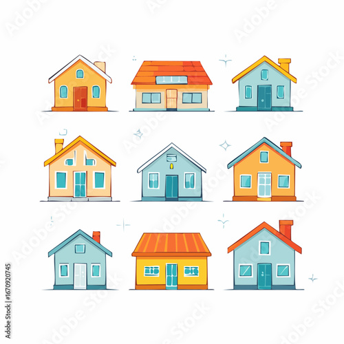 Flat vector home icon set with houses, buildings, and abstract real estate symbols. Perfect for apps, maps, and property websites.