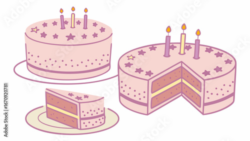Sweet Birthday Cake with Candles and Stars Illustration Perfect for Party Invitations and Cards.