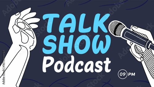 Talk Show Podcast Banner Interview Microphone Hands Graphic Design Digital Art Podcast Cover Social Media Post Streaming Online Show Audio Video Broadcast Communication Conversation Discussion Dialog.