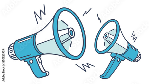 Two Blue Megaphones Announcing Loudspeaker Vector Illustration Communication Concept.