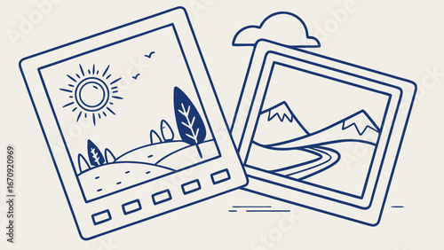 Two digital photo frames with nature scenes sunny landscape and mountain range illustration.