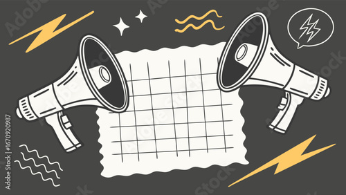 Two Megaphones Announcing on Grid Background Announcement Marketing Promotion Advertising Illustration.