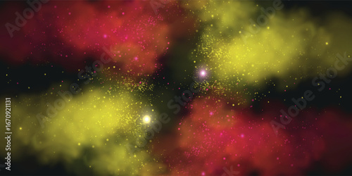 Magic smoke with glitter and small particles of twinkling stars, fog with glowing particles, red vapor with stardust. Vector.