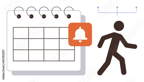 Calendar with bell notification and walking figure emphasizes scheduling, reminders, activity, and urgency. Ideal for time management, productivity, routine, planning, organization discipline