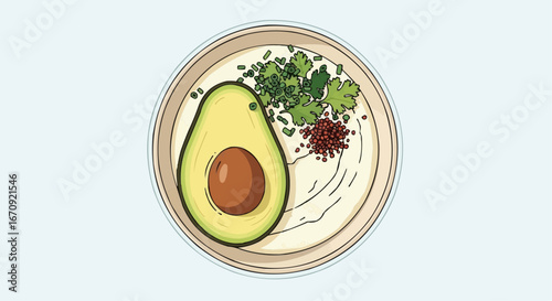 National grits for breakfast day september 2nd vector delicious avocado hummus bowl with cilantro and spices healthy vegan food illustration recipe inspiration