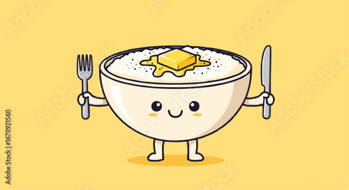 National grits for breakfast day september 2nd vector cute cartoon mashed potatoes bowl character with butter fork and knife vector illustration design art