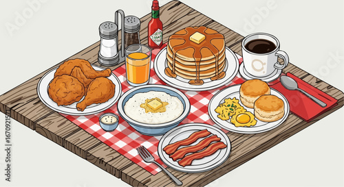National grits for breakfast day september 2nd vector delicious southern breakfast food spread featuring fried chicken pancakes bacon and biscuits on a wooden table