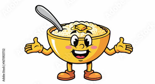 National grits for breakfast day september 2nd vector cartoon breakfast porridge bowl with butter and spoon character mascot vector illustration design food