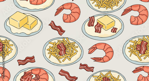 National grits for breakfast day september 2nd vector delicious food pattern featuring shrimp bacon butter and french fries seamless vector repeat design print art