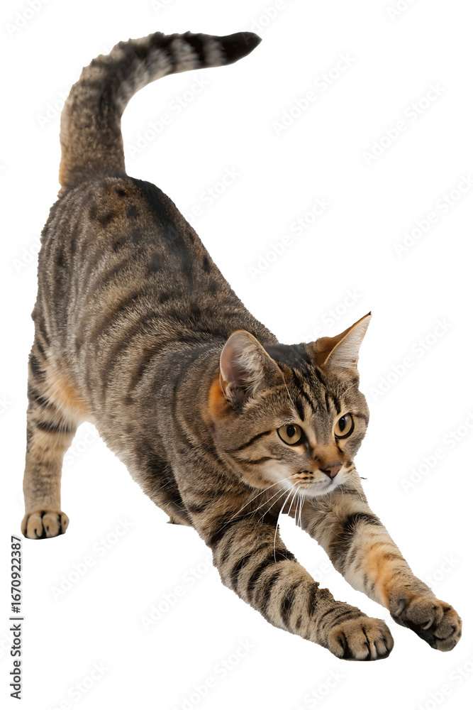 Fototapeta premium Adorable Brown Tabby Cat Stretching with Upward Tail on Transparent Background Perfect for Pet Related Designs and Animal Themed Projects Featuring Domesticated Felines
