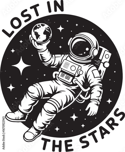 Astronaut floating in space holding Earth with text Lost in the Stars cosmos galaxy