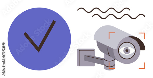 Surveillance camera in operation next to large checkmark, symbolizing safety, observation, and approval. Ideal for security, monitoring, safety, validation control compliance. Simple flat metaphor