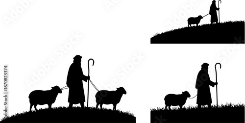 Silhouette of a shepherd with his crook tending to two sheep on a grassy hill in black and white design | editable eps vectors
