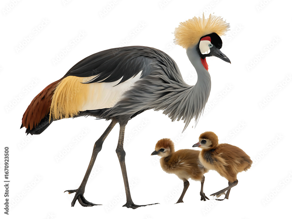 Obraz premium Grey Crowned Crane with Two Chicks Isolated on Black Background Majestic Bird and Young Progeny Exotic Wildlife Close Up Photography Stunning Plumage and Fawn Colored Downy Offspring