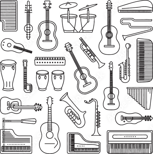 Collection of musical instruments in black and white line art style accordion acoustic guitar