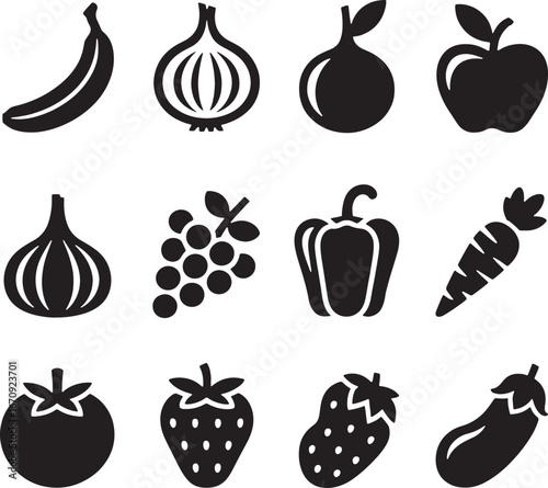 Collection of twelve black and white fruit and vegetable icons symbols food