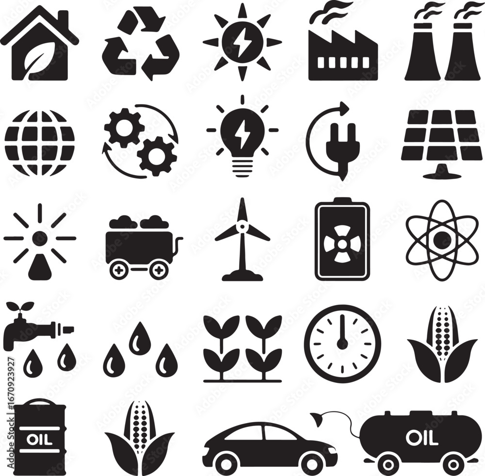 Naklejka premium Eco Friendly Energy And Sustainability Icons With Solar Panels Wind Turbines And Green Technology vector