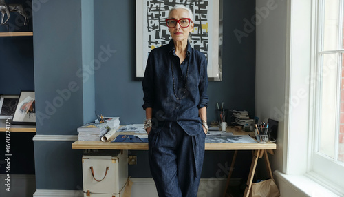 Mature stylish woman with grey hair in home office