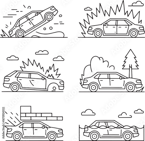 Line art illustrations of car accidents and road incidents crash collision