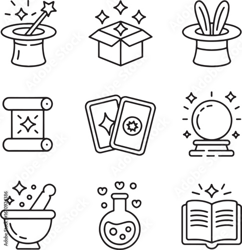 Magic and fantasy icons including hat box scroll cards and crystal ball wizard magician