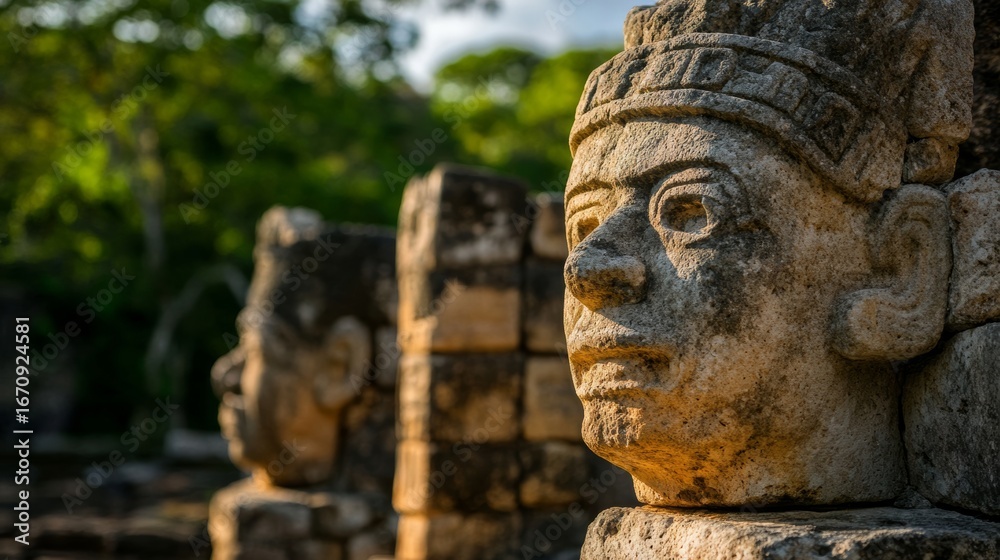 Obraz premium Ancient stone carvings depicting mayan culture tikal archaeological site tropical forest close-up historical significance